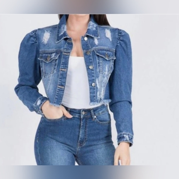 AMERICAN BAZI Puffy Shoulder Cotton Denim Jacket- Plus In Dark Blue Size M - Picture 1 of 12